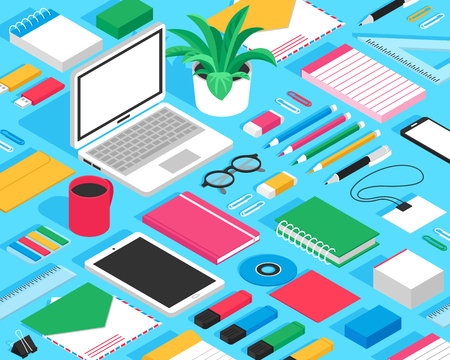 Classic office stationary accessoires colorful mockup isometric seamless design with erasers notepads markers glasses blue background vector illustrationのイラスト素材