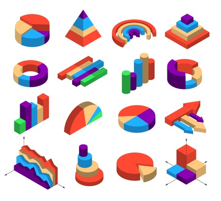 Set of sixteen isometric diagram elements for infographics layout in shape of segment bar column round pyramid arrow cube isolated vector illustrationのイラスト素材