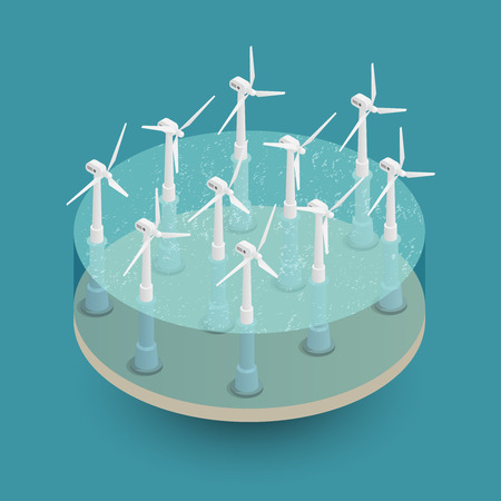 Green sustainable renewable energy production isometric composition with wind turbines electric powers generation aquamarine background vector illustrationのイラスト素材