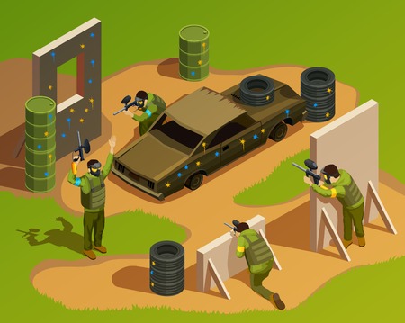 Paintball isometric composition with playground landscape fighter characters artificial barriers burned-out car and other debris vector illustrationのイラスト素材