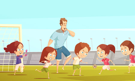 Kids sport cartoon vector illustration with soccer  team playing on football field of stadium under coach managementのイラスト素材