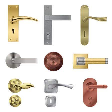 Realistic door handle collection with isolated metal lever images of different shape and colour with keyholes vector illustrationのイラスト素材