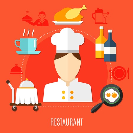 Restaurant business in hotel decorative icons set with waiter figurine truck with hot dish frying pan with scrambled eggs vector illustrationのイラスト素材