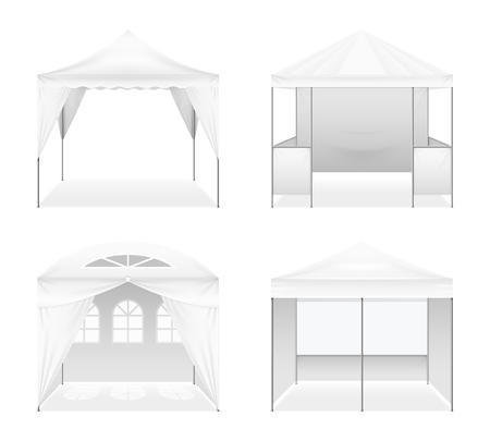 Set of realistic outdoor folding tents of various design including arched windows, domed roof isolated vector illustrationのイラスト素材