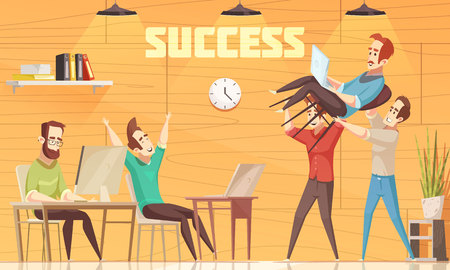 Crowdfunding flat cartoon vector illustration with happy collective of coworkers in office interior celebrating investment of business projectのイラスト素材