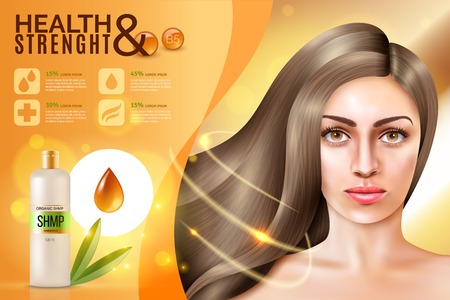 Realistic commercial background with oil contained hair cosmetics and pretty model face of young woman vector illustrationのイラスト素材