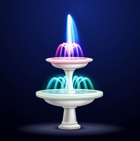 Outdoor water cascade fountain with neon lighting at night realistic closeup image isolated object 3d illustrationのイラスト素材