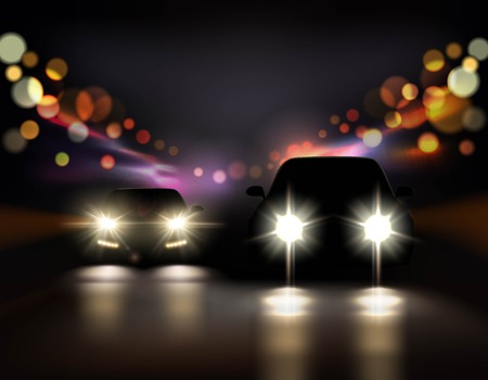 Car lights realistic background with night road and two car front-side silhouettes with headlight and shadows 3d illustration.のイラスト素材