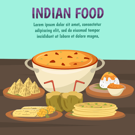 Exotic asian food background with popular dishes of Indian cuisine khichdi chapatis gulab jamun flat vector illustrationのイラスト素材