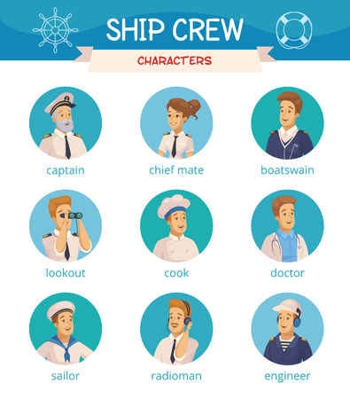 Yacht ship crew characters cartoon round icons set with captain sailor cook engineer boatswain isolated vector illustrationsのイラスト素材