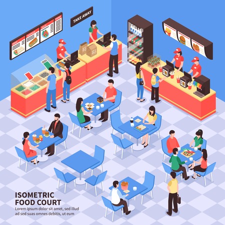 Fast food court with visitors sitting at tables and staff at counters with food containers isometric vector illustrationのイラスト素材