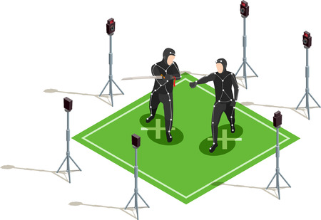 Two actors in black costumes with sword isometric cinematograph composition 3d vector illustrationのイラスト素材