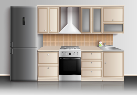 Kitchen furniture realistic interior composition with closed kitchen cabinets fridge sink and gas stove with reflexions vector illustrationのイラスト素材