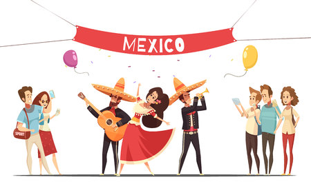 Traditional mexico festival design concept with musicians in native costumes and audience with camera flat vector illustrationのイラスト素材
