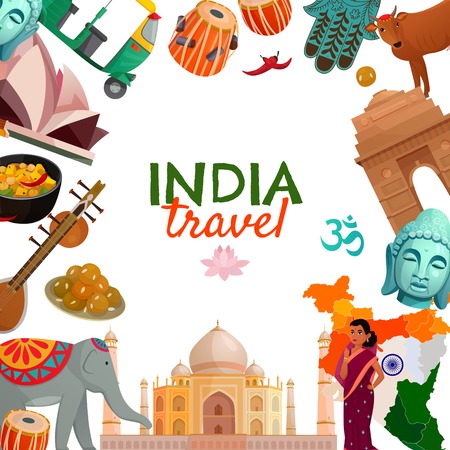India travel frame with indian traditional architecture cuisine musical instruments and other symbols on white background cartoon vector illustrationのイラスト素材
