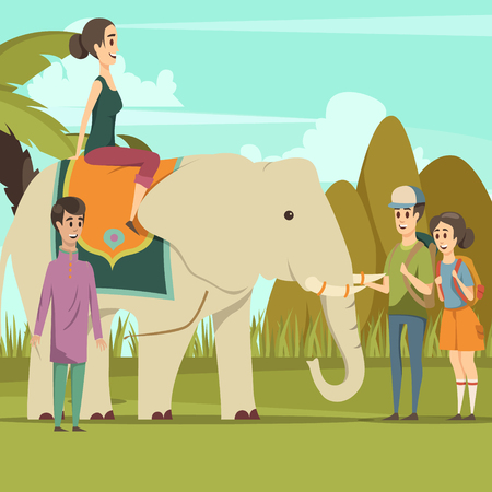 Colorful background with smiling young indian woman riding on elephant native boy and tourists flat vector illustrationのイラスト素材