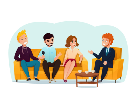 Three smiling talk show participants sitting on yellow sofa cartoon vector illustrationのイラスト素材