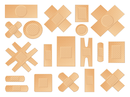 Universal medical antibacterial antiseptic breathable  plasters big set of various shapes and size tapes realistic isolated vector illustrationのイラスト素材
