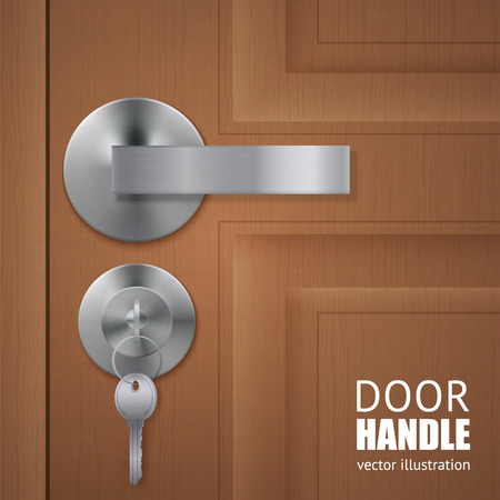 Realistic door handle lock keys composition with wooden door and metal lever with keys in the lock vector illustrationのイラスト素材