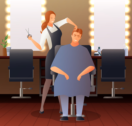 Hairdresser stylist barber gradient flat people composition with hairdressing salon interior seats mirrors and human characters vector illustrationのイラスト素材