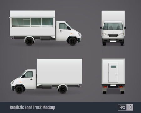 Food trucks realistic ad template mockup set of isolated commercial vehicle side view images without branding vector illustrationのイラスト素材