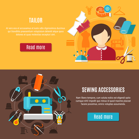 Sewing and tailor horizontal banners set with cloth needle and thread flat isolated vector illustrationのイラスト素材