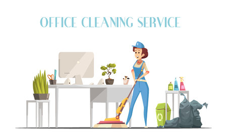 Office cleaning service design concept with young woman in interior washing floor by modern mop with spray element flat vector illustrationのイラスト素材