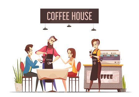 Coffee house design concept with young couple sitting at restaurant table and barista pouring coffee flat vector illustrationのイラスト素材
