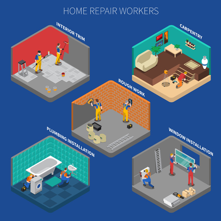 Home repair worker people composition set with five isolated elements about carpentry rough work interior trim and other descriptions vector illustrationのイラスト素材