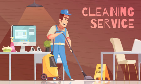 Cleaning service vector illustration with employee of cleaning company in uniform working with the vacuum cleaner in office roomのイラスト素材