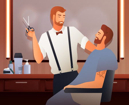 Hairdresser stylist barber gradient flat people composition with two human characters in barbershop interior with shadows vector illustrationのイラスト素材