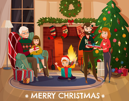 Family christmas design with, grandfather with granddaughter in chair, parents with gifts.のイラスト素材