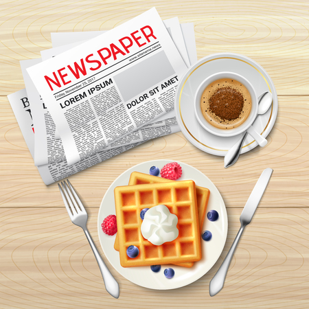 Morning cup of coffee plate of toasts and newspaper on wood table realistic background vector illustrationのイラスト素材