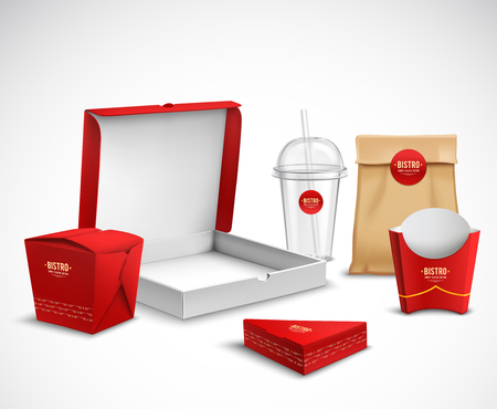 Fast food packaging corporate identity realistic templates samples set red white natural with pizza box vector illustrationのイラスト素材