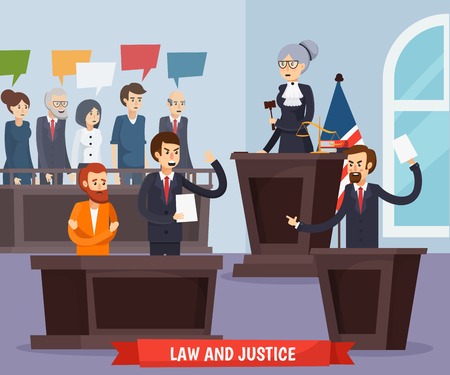 Court orthogonal composition including judge with gavel, prosecutor, advocate and defendant, jury and interior elements vector illustrationのイラスト素材
