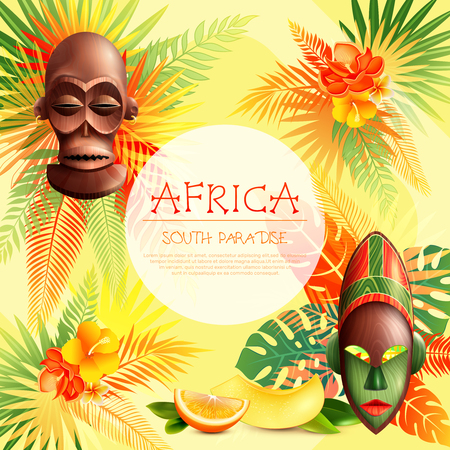 African frame background with composition of festive ethnic masks tropical fruit slices and colourful plant images vector illustrationのイラスト素材