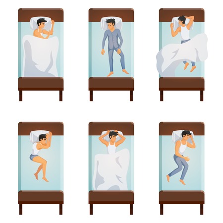 Top view of single bed with sleeping men in different poses decorative icons.のイラスト素材
