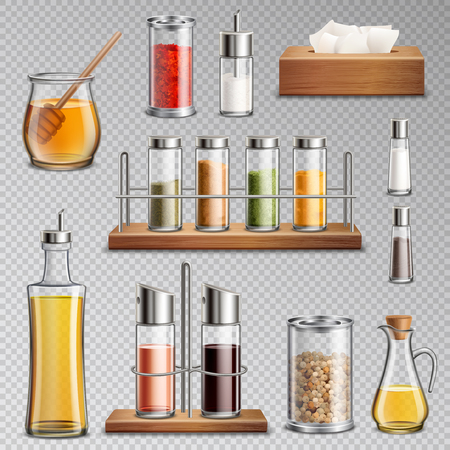 Seasoning spices herbs kitchen racks cooking oil carafe  sugar dispenser and honey jar realistic set transparent vector illustrationのイラスト素材
