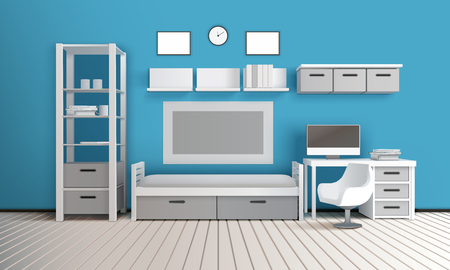 Private room realistic 3d interior composition with case shelves tv set modern chair clock and computer vector illustrationのイラスト素材