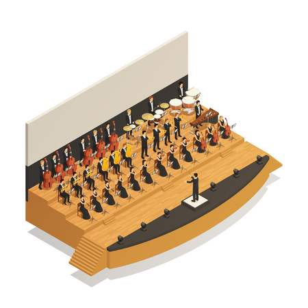 Big orchestra playing classical music on stage with conductor isometric composition vector illustrationのイラスト素材