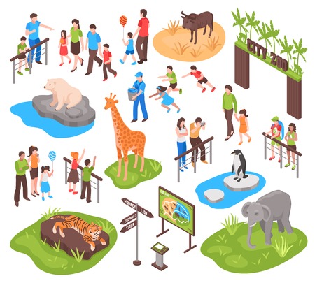 City zoo isometric set with children and their parents watching animals and photographing them isolated vector illustrationのイラスト素材