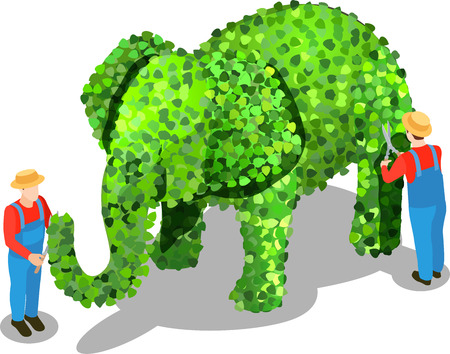 Gardener isometric composition of uniformed human characters tipping elephant shaped bush with shadows on blank background vector illustrationのイラスト素材