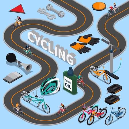 Cycling isometric composition with bikers on road, sports equipment and service tool on blue background vector illustrationのイラスト素材