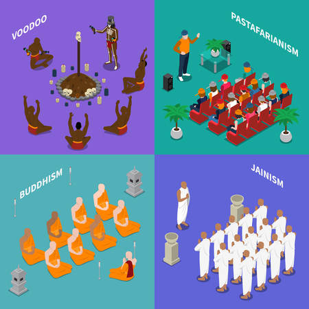 Isometric concept with people from religion buddhism, jainism, rastafarianism, voodoo during ritual or sermon isolated vector illustrationのイラスト素材