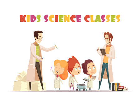 Children science classes design concept with two adults  showing to kids chemistry experiment and interesting book cartoon vector illustrationのイラスト素材