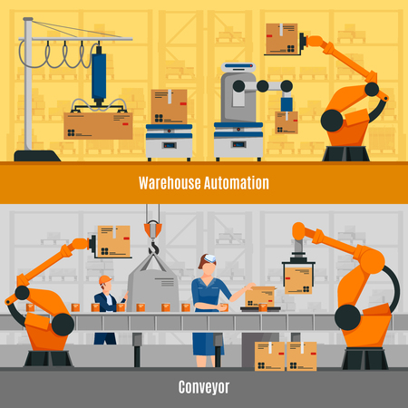 Warehouse automation horizontal banners set with conveyor symbols flat isolated vector illustrationのイラスト素材