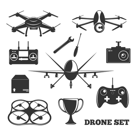 Monochrome set of drone elements with controller, photo camera, repair tools, package, trophy isolated vector illustrationのイラスト素材
