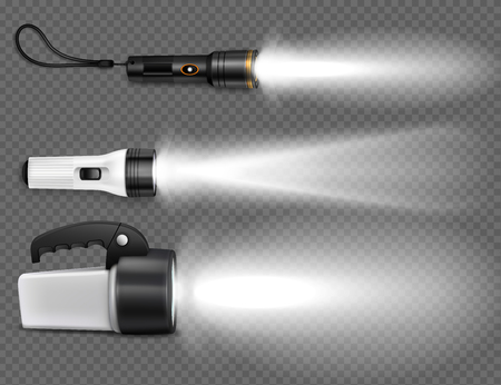 Different kinds of flashlights with beams of light on the transparent background. Side view set of realistic devices vector illustrationのイラスト素材