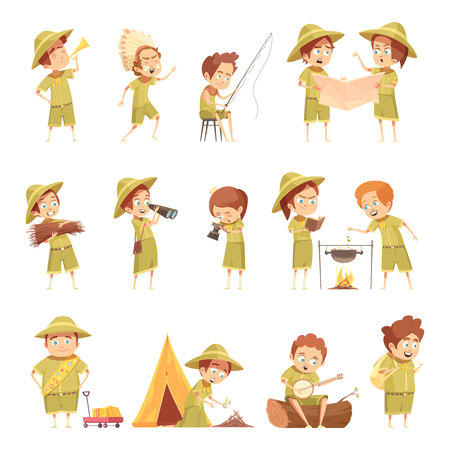 Boy scout fishing campfire cooking playing guitar in front of tent retro cartoon icons collection isolated vector illustrationのイラスト素材