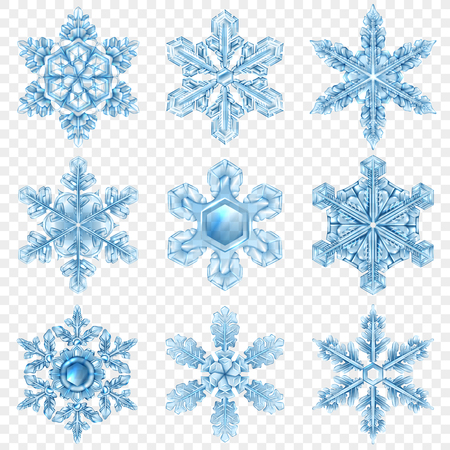 Nine light blue realistic snowflake icon set with different shapes and styles vector illustrationのイラスト素材